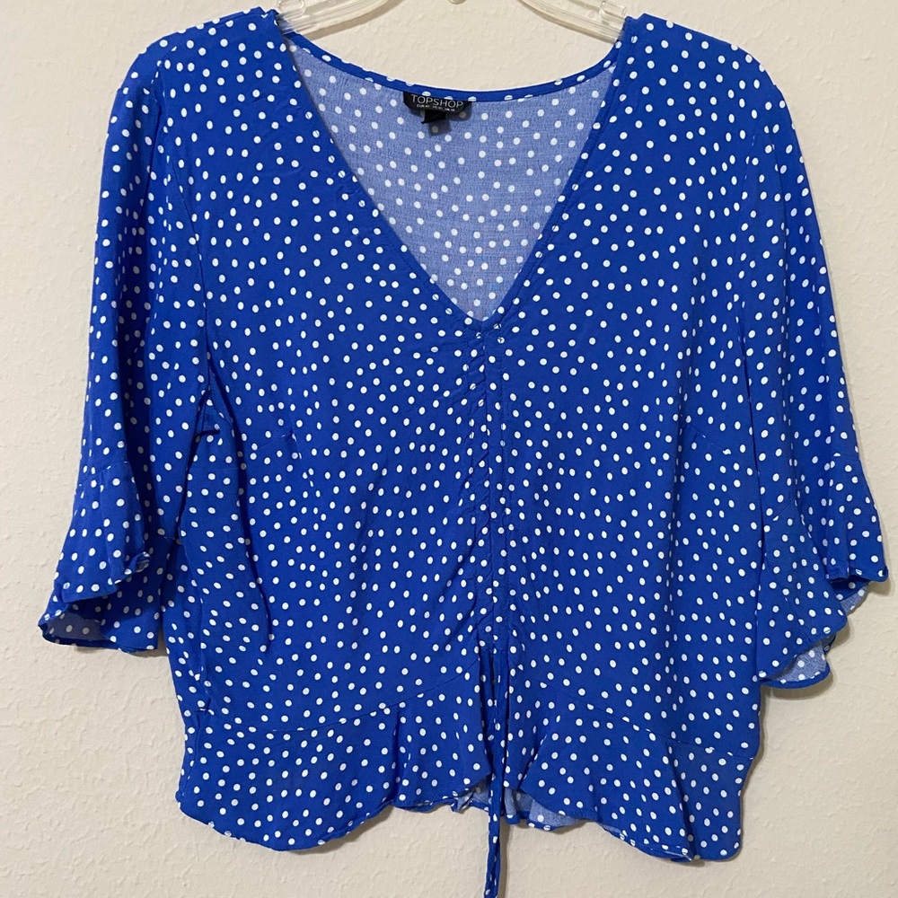 TopShop Blue and White Polka Dot Blouse Size 10